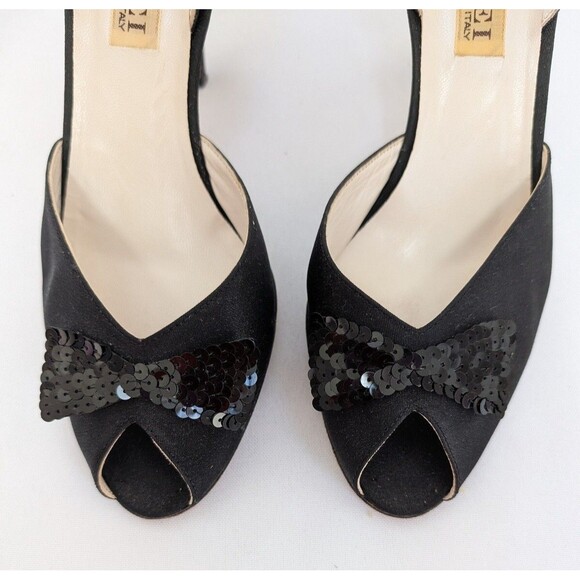 Casadei Woman's Shoes Sz 7 1/2 Black Leather Satin with Sequin Bow Sling Back - Picture 2 of 9